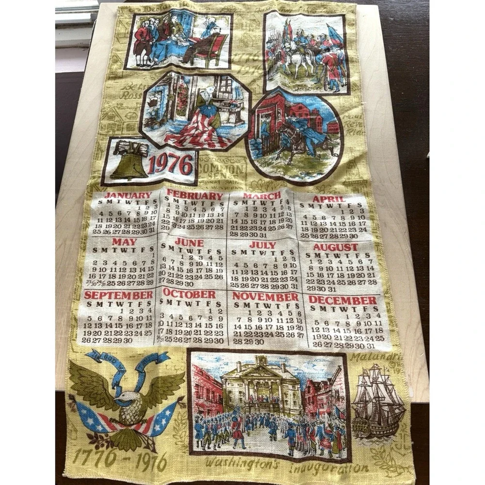 Vtg 1976 Linen Calendar Tea Towel Bicentennial Paul Revere Betsy Ross Washington